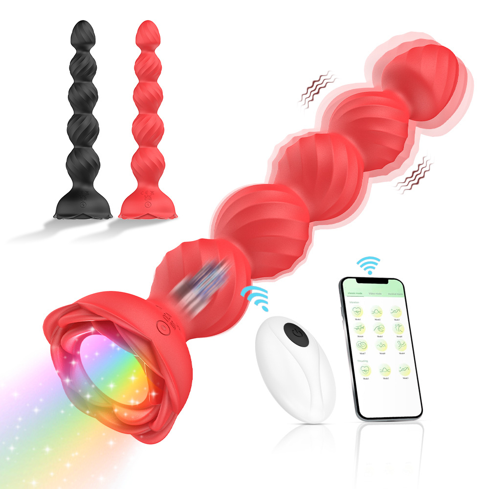 LED Light-Up Rose Design 5-Bead Vibrating Silicone Anal Plug with Remote Control and App Compatibility