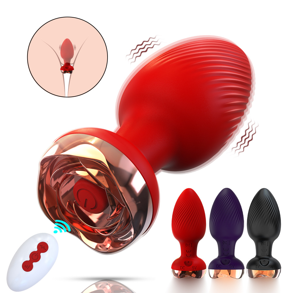 Wireless Remote-Controlled Silicone Butt Plug with Rose Gold Base, Spiral Texture, Vibrating Anal Plug for Adults