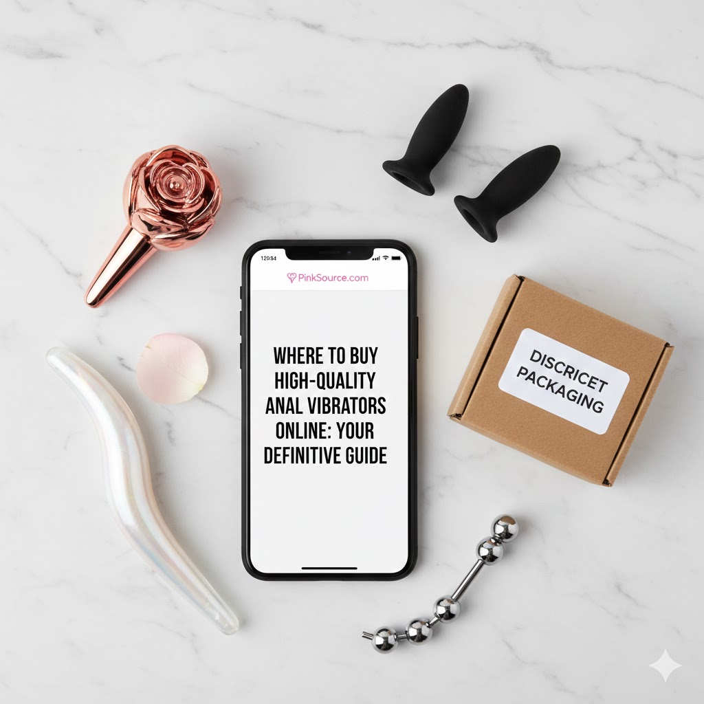 Overhead shot of high-quality anal toys, and a shipping box labeled "Discreet Packaging," emphasizing privacy in online purchases.