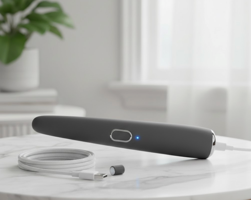A sleek, black rechargeable wand vibrator with a glowing blue indicator light, plugged into a USB-C charging cable on a modern marble table, highlighting its powerful motor and convenient charging.