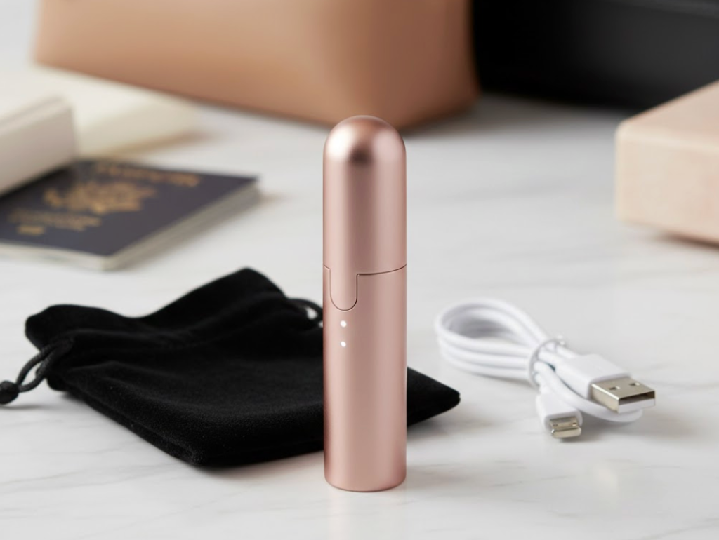 A rose-gold, lipstick-sized rechargeable bullet vibrator next to its charging cable and a small velvet pouch, with blurred travel accessories in the background, emphasizing its discreet and portable design.