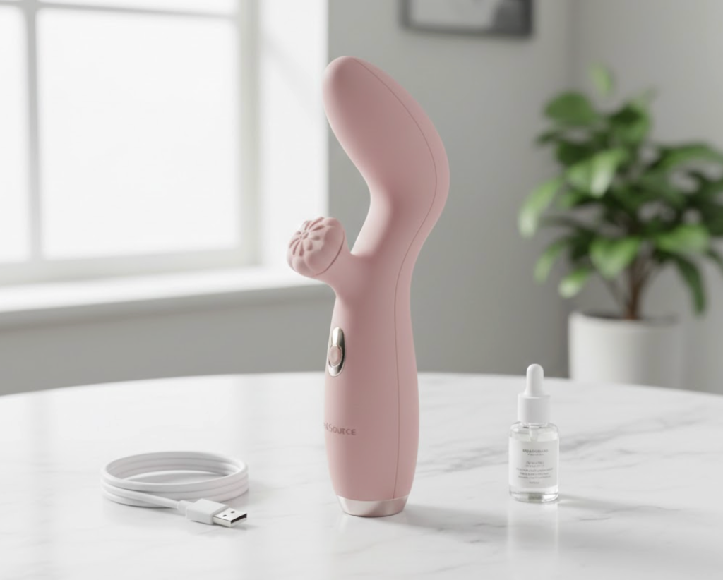 A modern, soft pink rechargeable rabbit vibrator standing upright on a table next to its USB charging cable and a bottle of lubricant, showcasing its dual-action design for internal and clitoral stimulation.