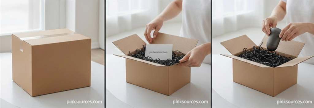 Discreet adult toy packaging from Pinksources featuring plain brown boxes, fast shipping logistics, and private home delivery service.