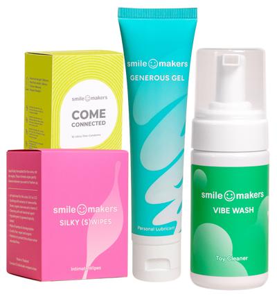 A vibrant display of Smile Makers sexual wellness products, including vibrators and intimate care items, emphasizing their approachable design and focus on overall well-being.