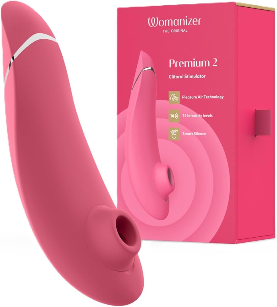 A close-up of a Womanizer Premium clitoral stimulator, highlighting its unique design and the advanced Pleasure Air Technology.